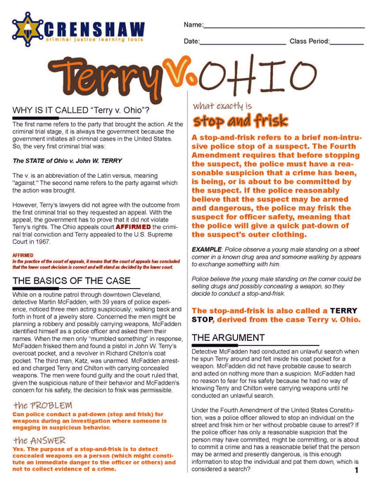 Terry v. Ohio - Criminal Justice Worksheet and Answer Key