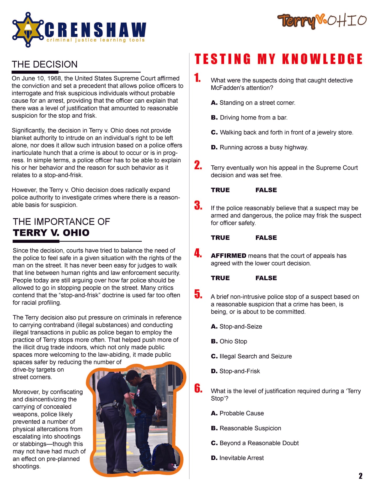 Terry v. Ohio - Criminal Justice Worksheet and Answer Key