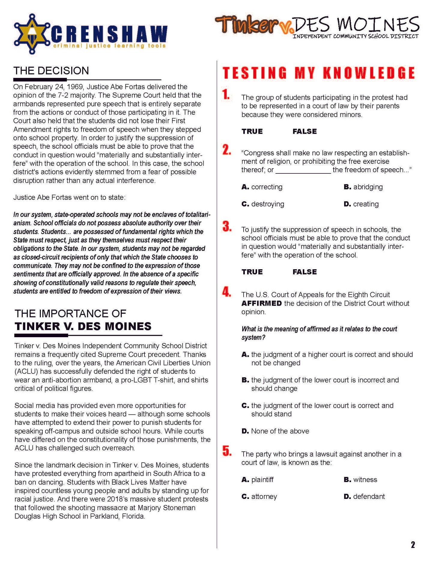 Tinker v. Des Moines - Criminal Justice Worksheet and Answer Key