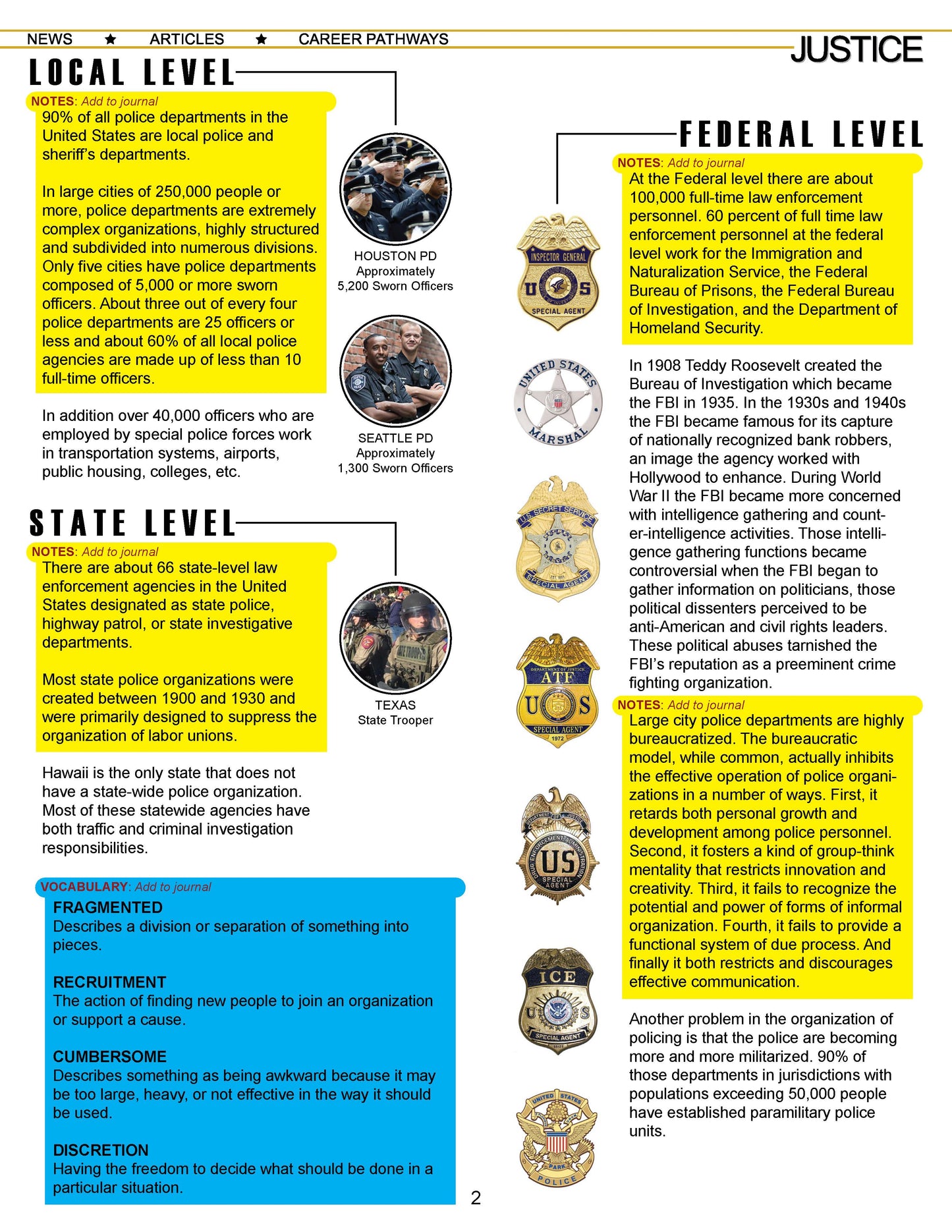 LEVELS OF LAW ENFORCEMENT - Criminal Justice Periodical and Worksheet w/Accommodations