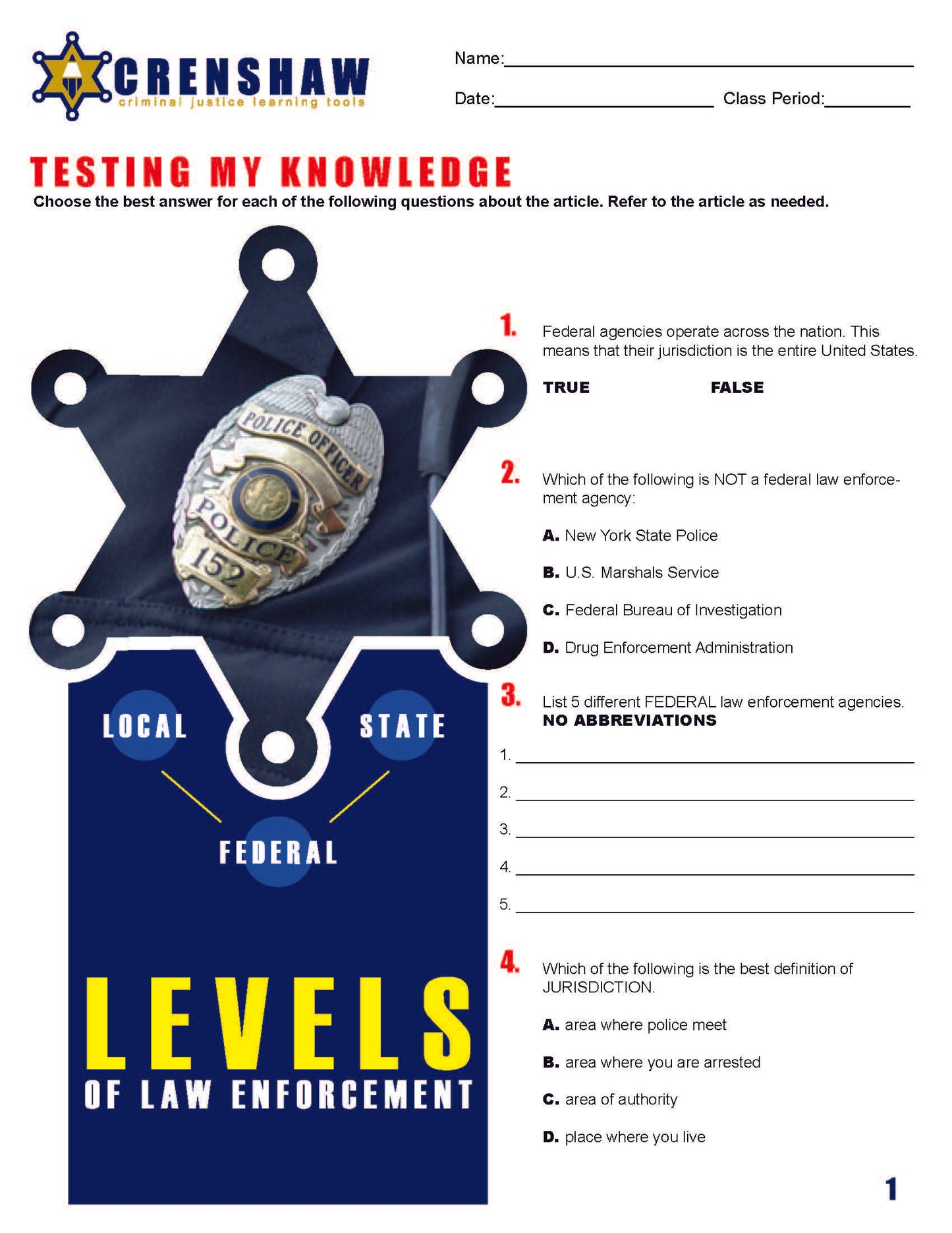 LEVELS OF LAW ENFORCEMENT - Criminal Justice Periodical and Worksheet w/Accommodations