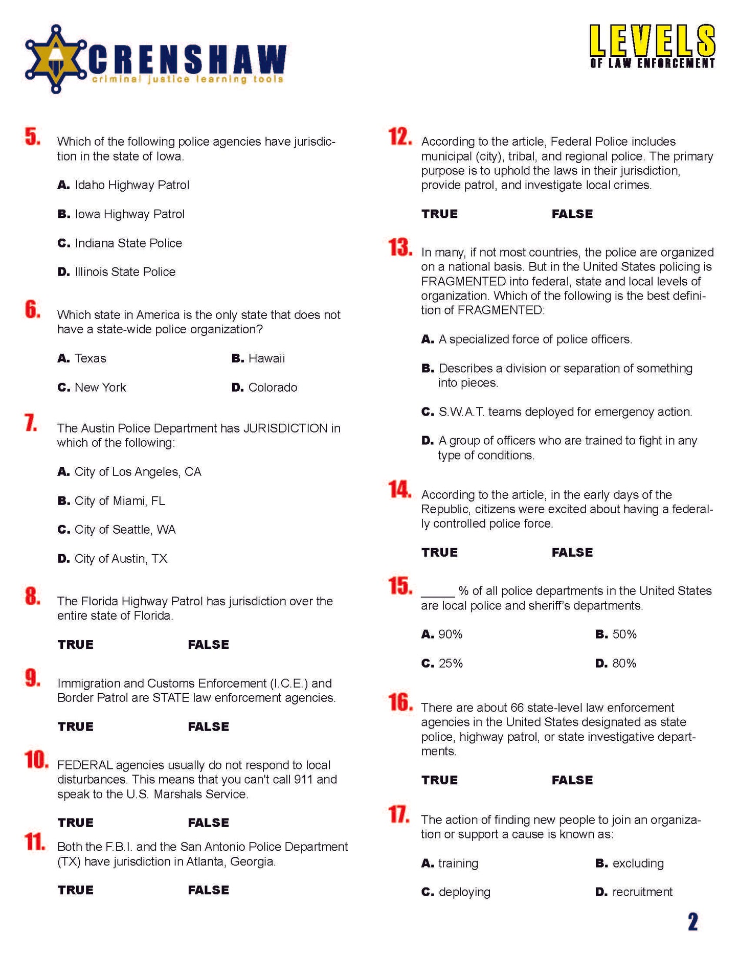 LEVELS OF LAW ENFORCEMENT - Criminal Justice Periodical and Worksheet w/Accommodations