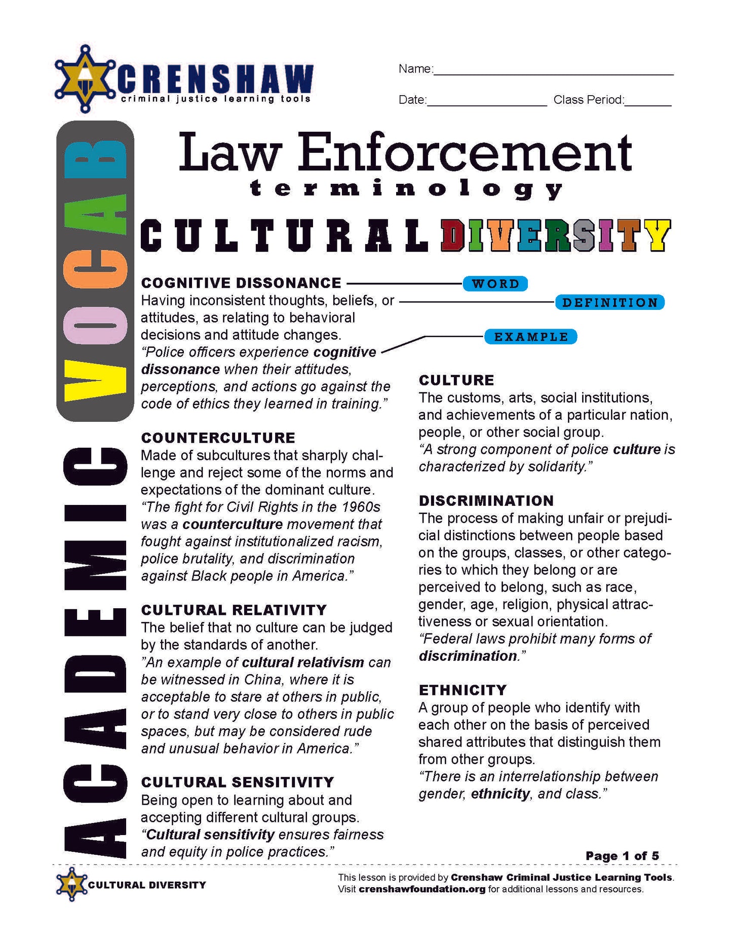 Law Enforcement CULTURAL DIVERSITY Lesson Bundle