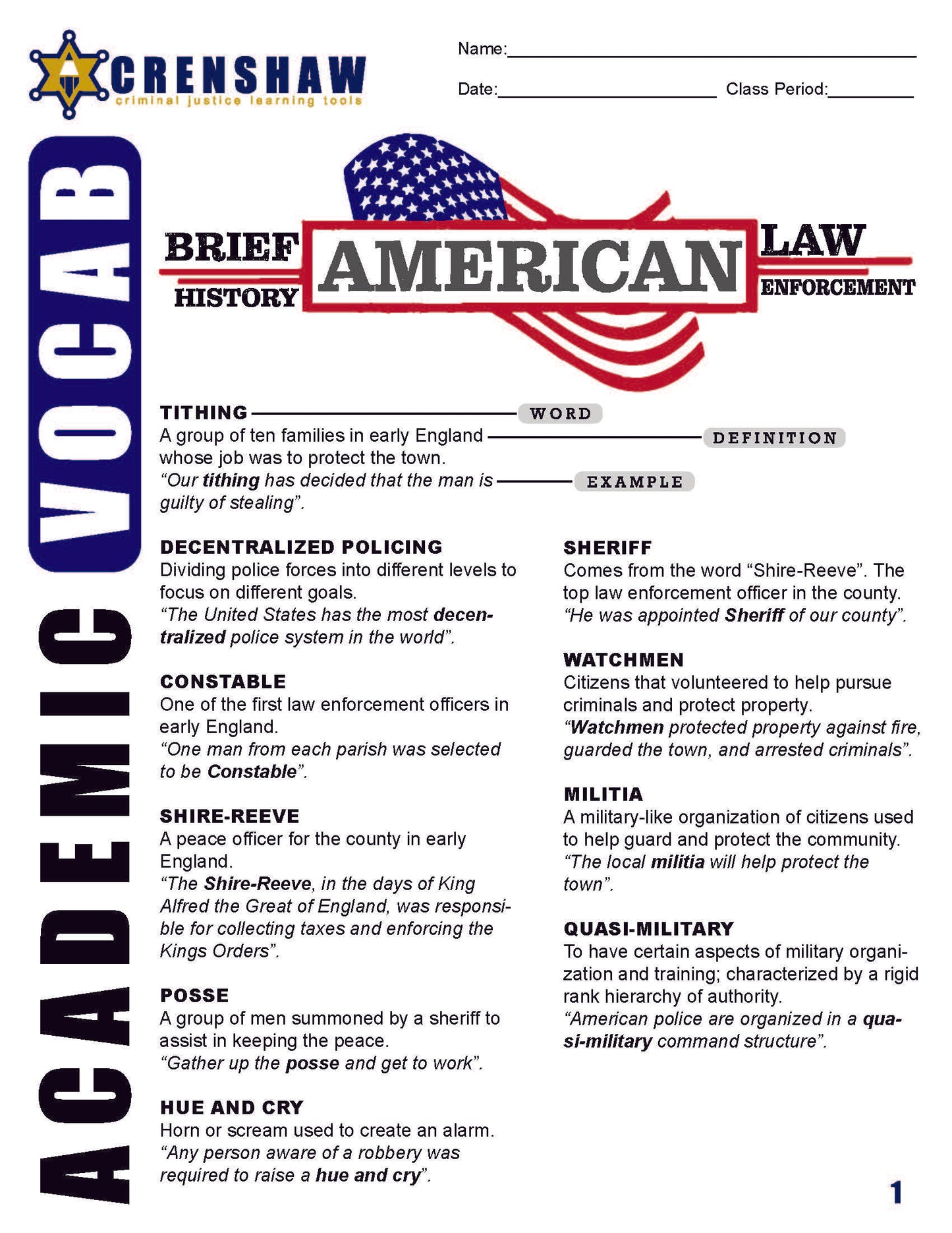 Brief History of American Law Enforcement - Academic Vocab Worksheet and Essay