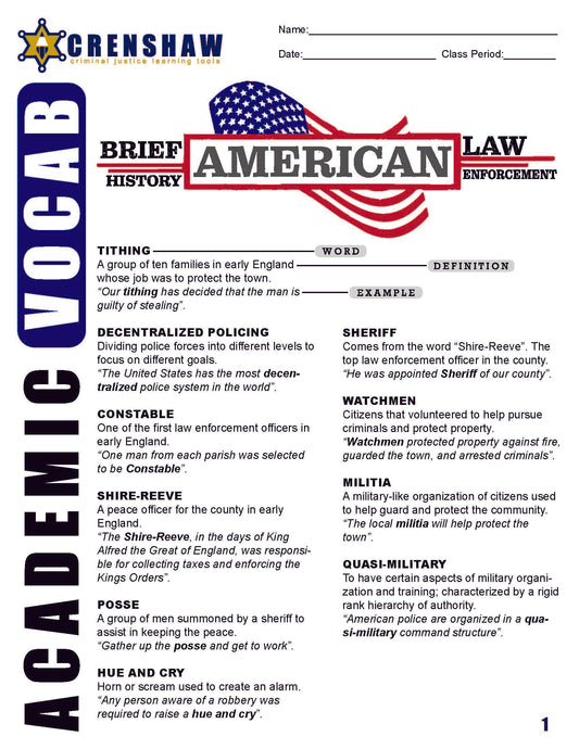 Brief History of American Law Enforcement - Academic Vocab Worksheet and Essay