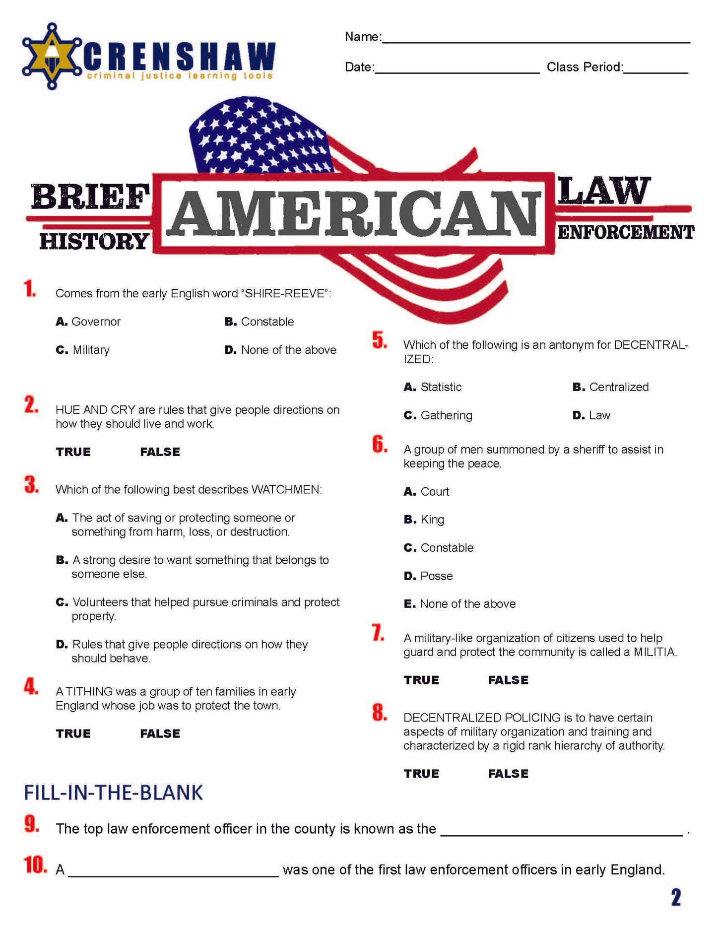 Brief History of American Law Enforcement - Academic Vocab Worksheet and Essay