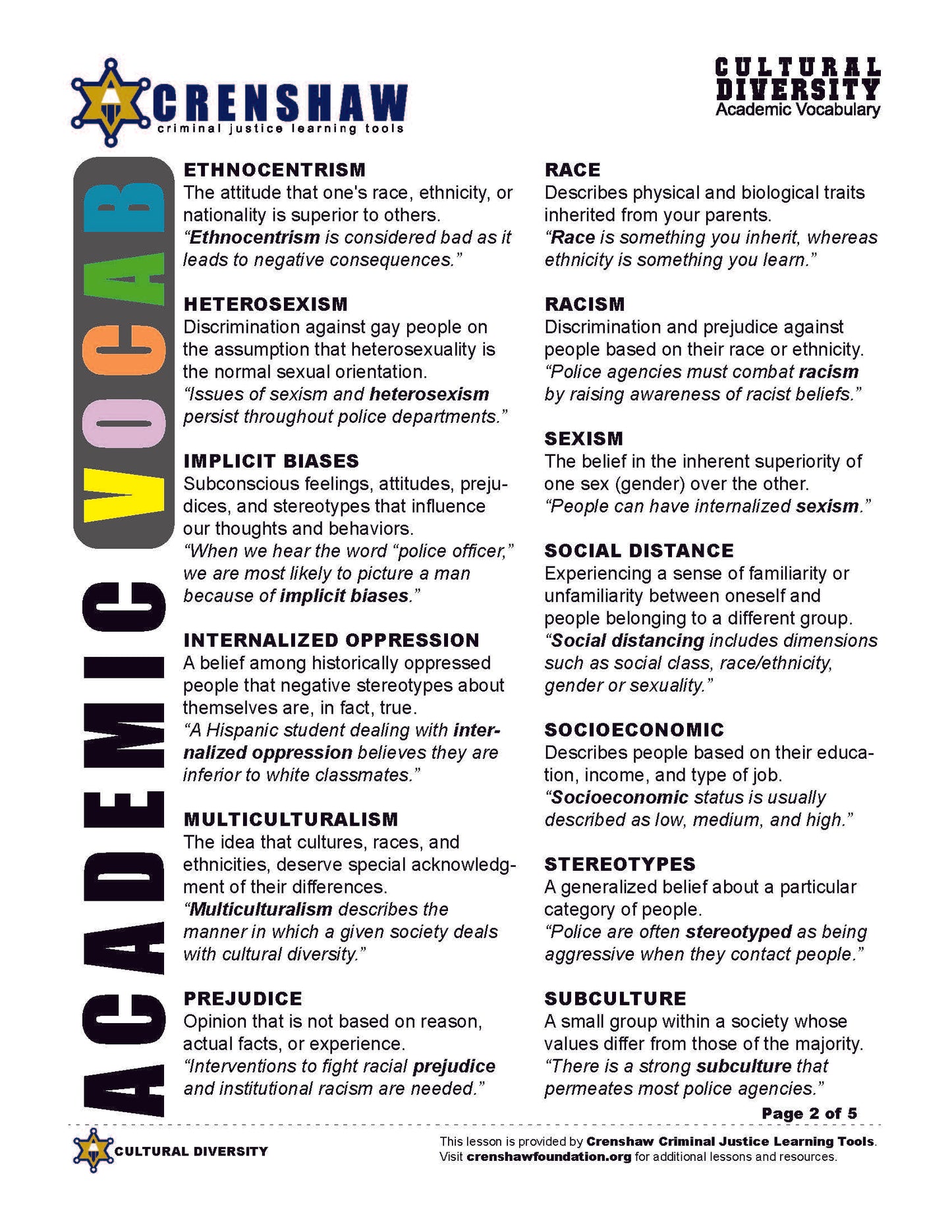 Criminal Justice Academic Vocabulary: CULTURAL DIVERSITY