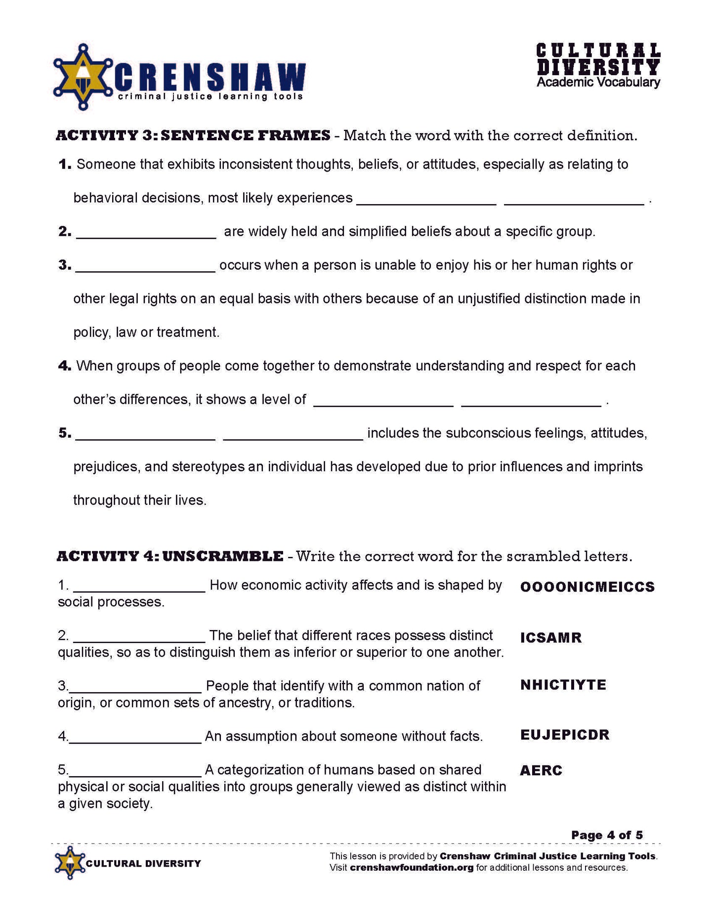 Criminal Justice Academic Vocabulary: CULTURAL DIVERSITY