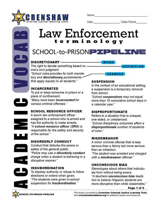 Criminal Justice Academic Vocabulary: SCHOOL-TO-PRISON PIPELINE