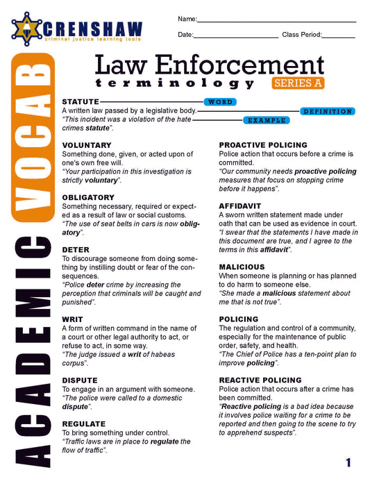 Criminal Justice Academic Vocabulary: LAW ENFORCEMENT Series A