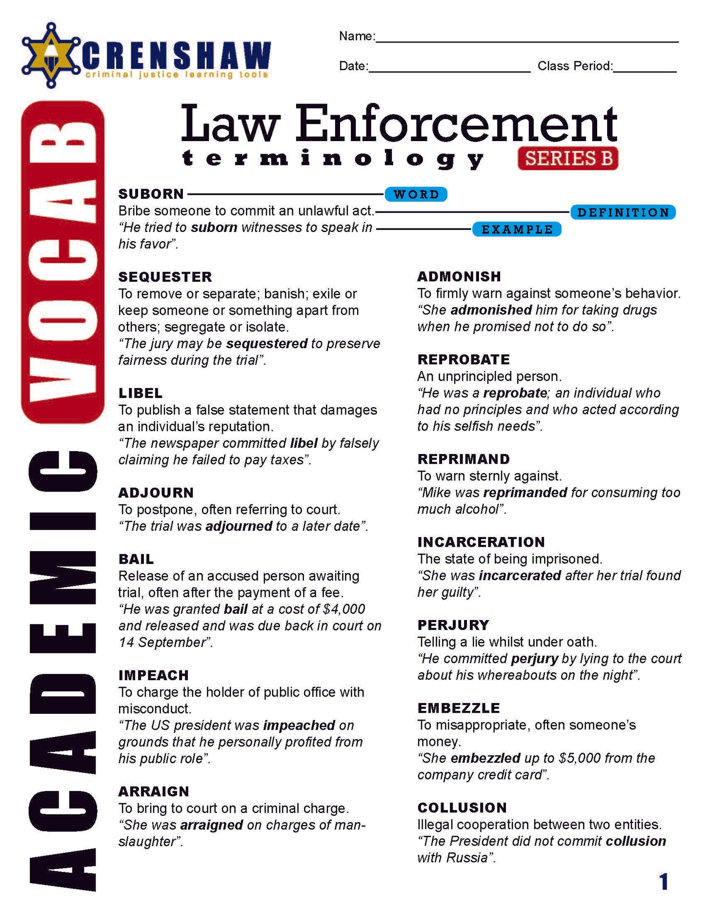 Criminal Justice Academic Vocabulary: LAW ENFORCEMENT Series B