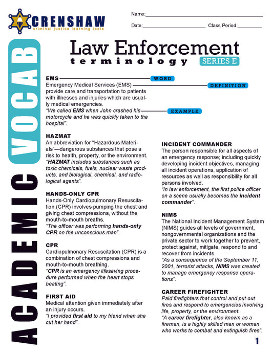 Criminal Justice Academic Vocabulary: LAW ENFORCEMENT Series E