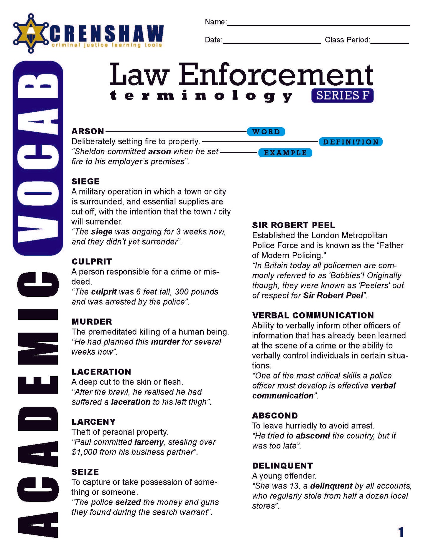 Criminal Justice Academic Vocabulary: LAW ENFORCEMENT Series F