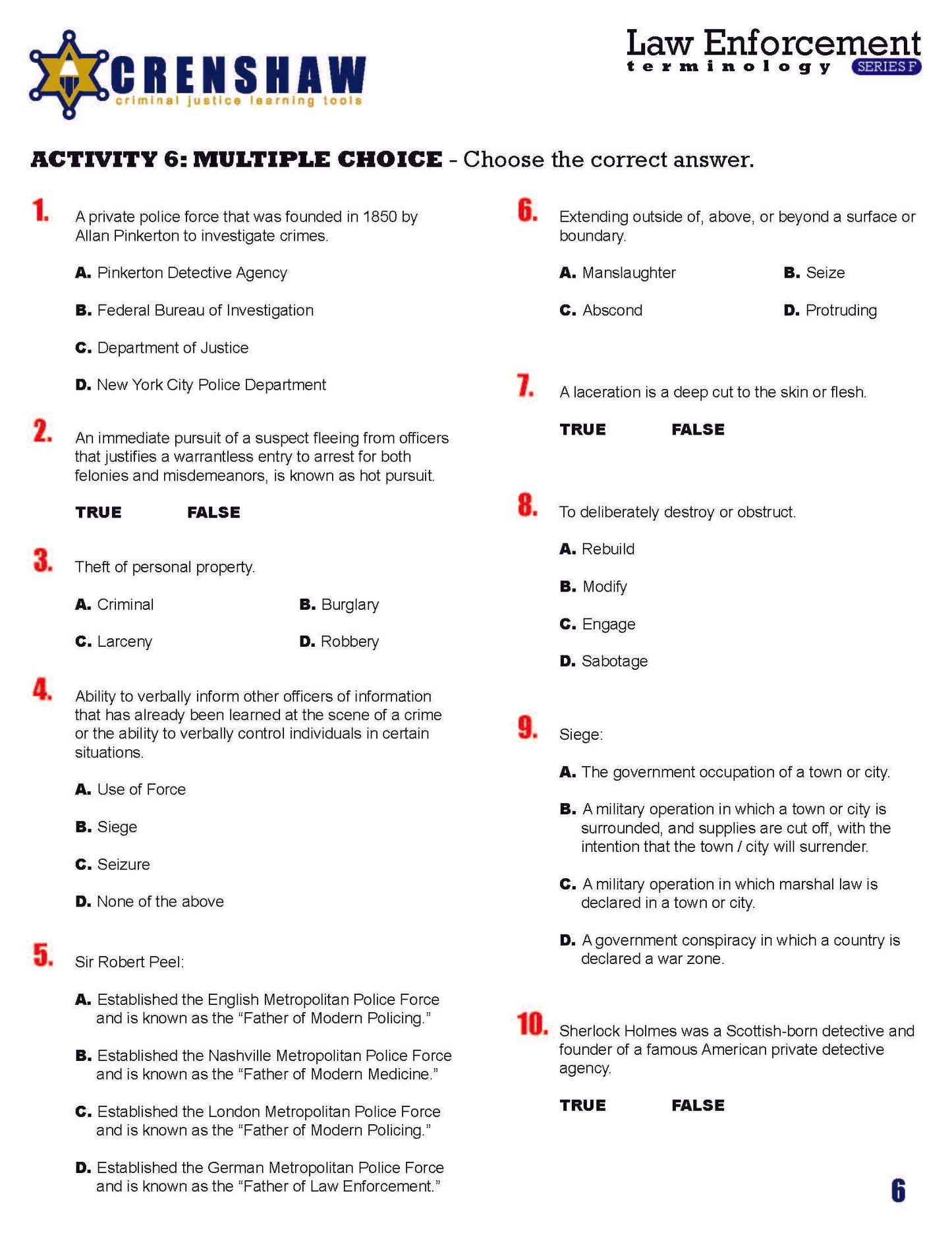 Criminal Justice Academic Vocabulary: LAW ENFORCEMENT Series F