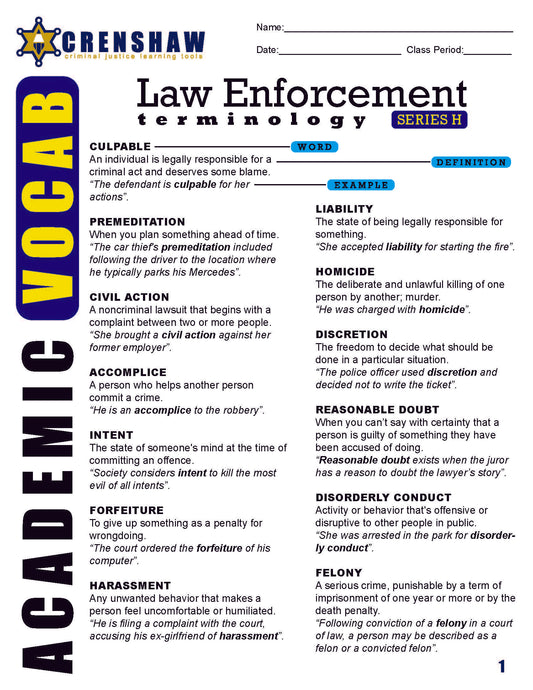 Criminal Justice Academic Vocabulary: LAW ENFORCEMENT Series H