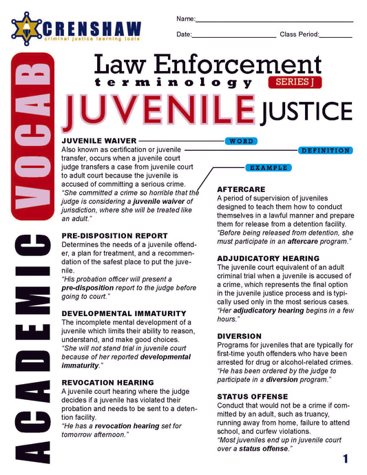 Criminal Justice Academic Vocabulary: JUVENILE JUSTICE Series J