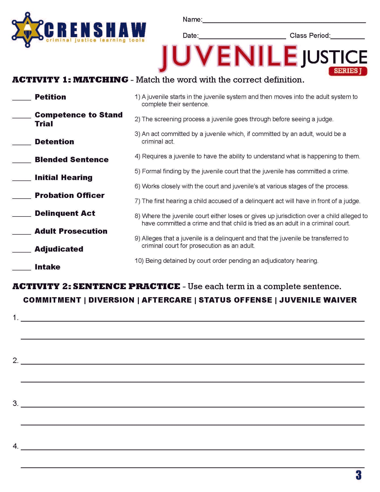 Criminal Justice Academic Vocabulary: JUVENILE JUSTICE Series J