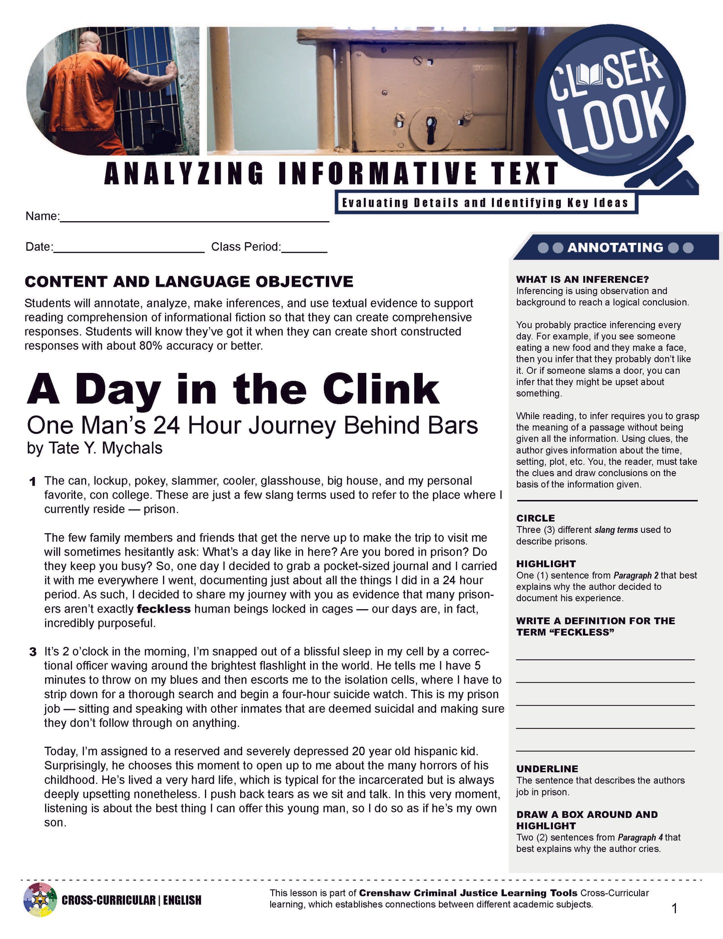 A DAY IN THE LIFE OF AN INMATE Cross-Curricular Lesson and Handouts