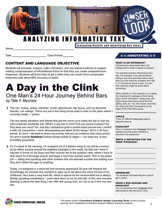 A DAY IN THE LIFE OF AN INMATE Cross-Curricular Lesson and Handouts