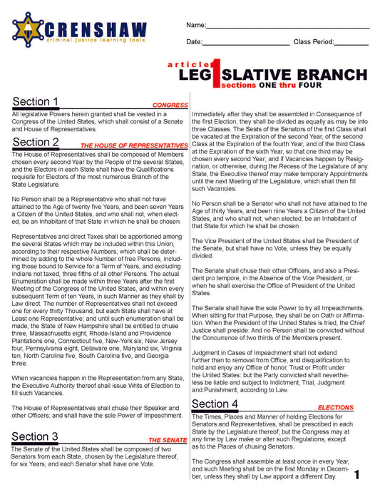 ARTICLE ONE LEGISLATIVE BRANCH - Criminal Justice Worksheet and Answer Key