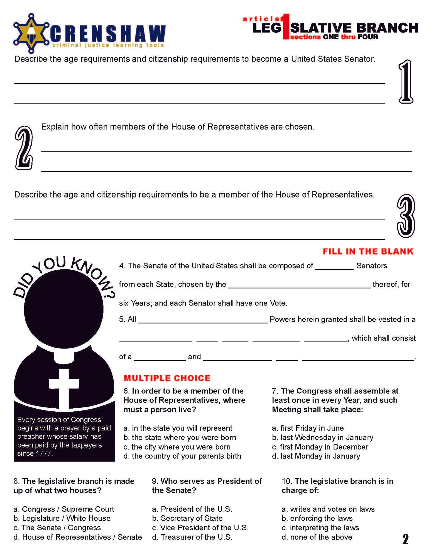 ARTICLE ONE LEGISLATIVE BRANCH - Criminal Justice Worksheet and Answer Key