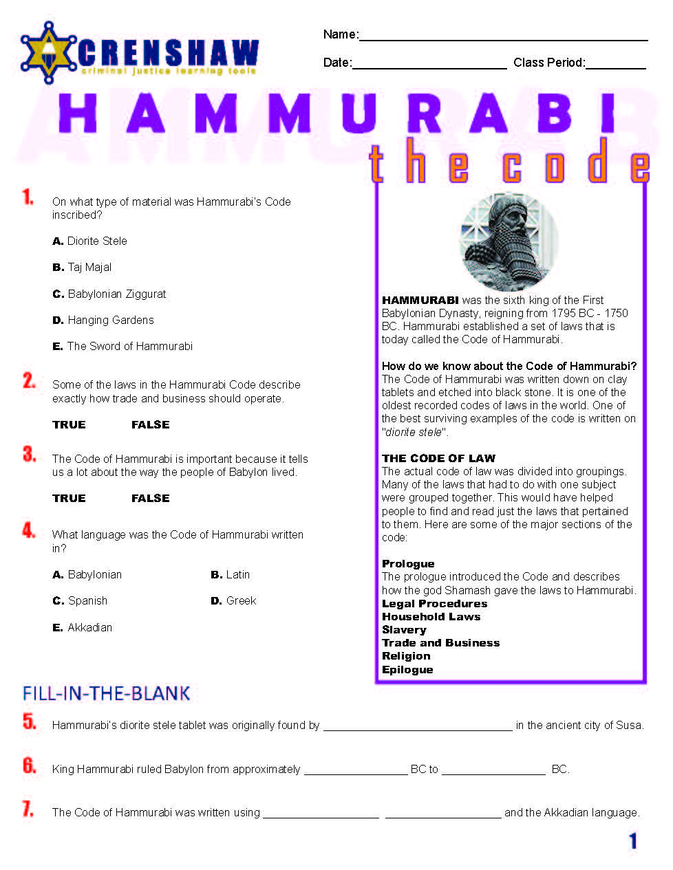 The Code of Hammurabi - Criminal Justice Worksheet and Answer Key