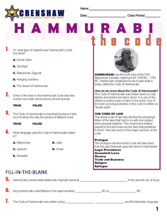 The Code of Hammurabi - Criminal Justice Worksheet and Answer Key