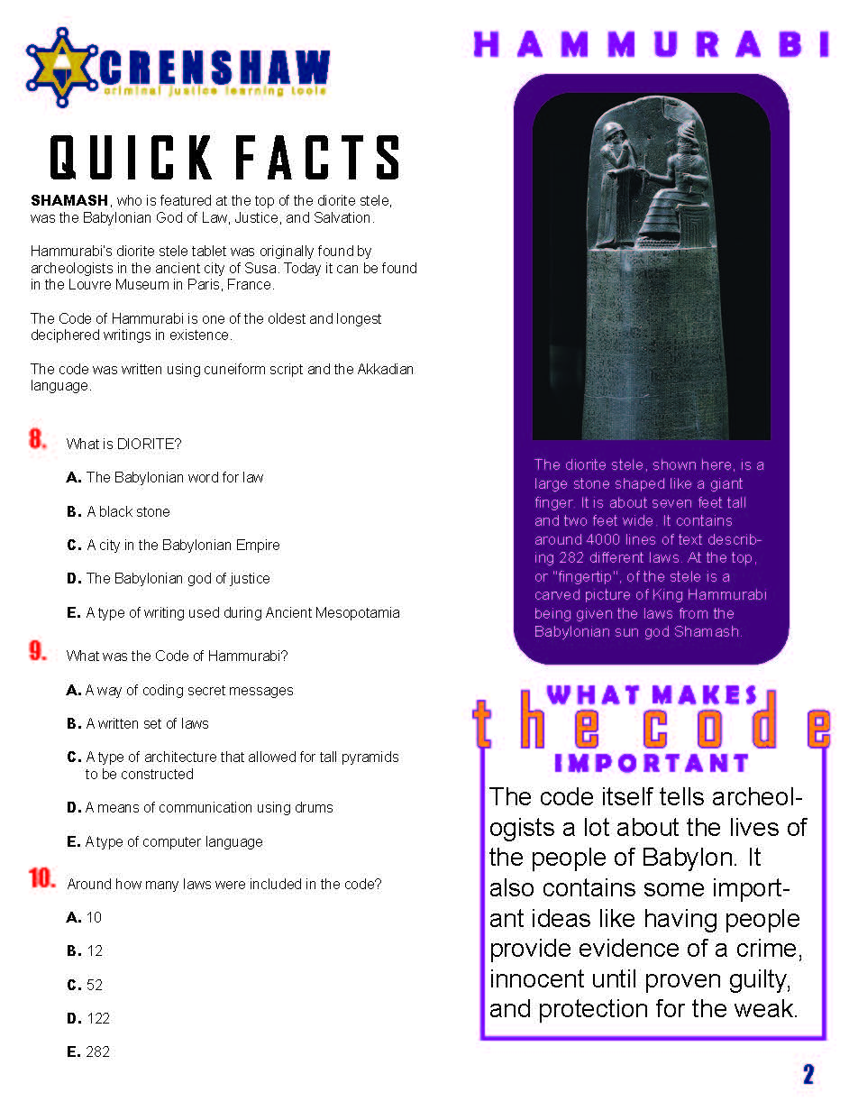 The Code of Hammurabi - Criminal Justice Worksheet and Answer Key