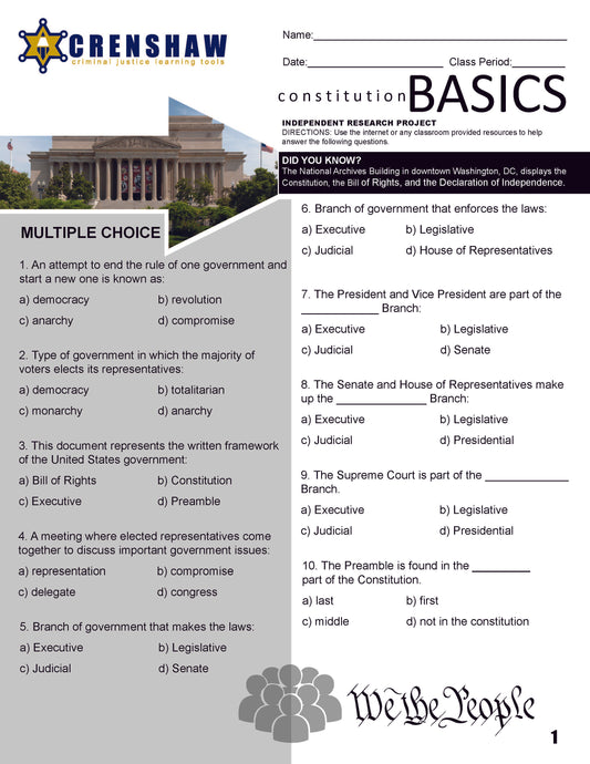 CONSTITUTION BASICS - Criminal Justice Worksheet and Answer Key