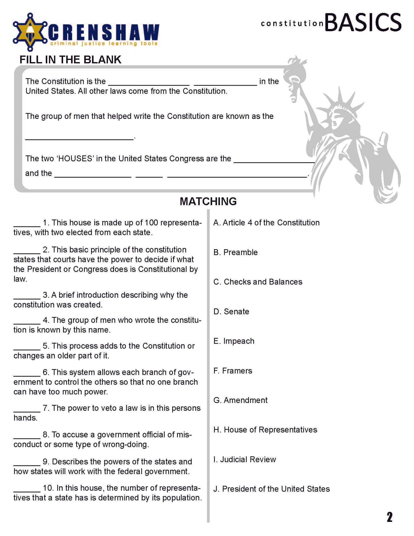 CONSTITUTION BASICS - Criminal Justice Worksheet and Answer Key