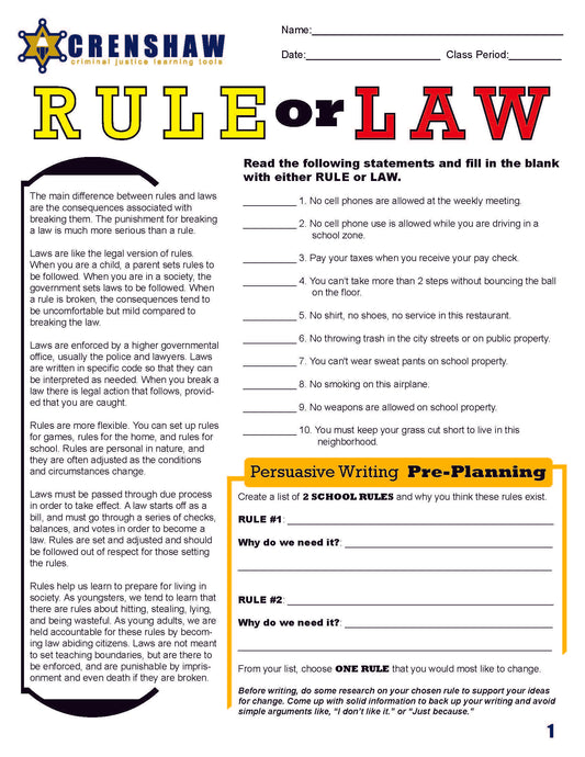 Rule or Law - Criminal Justice Worksheet, Essay, Answer Key, and Grading Rubric