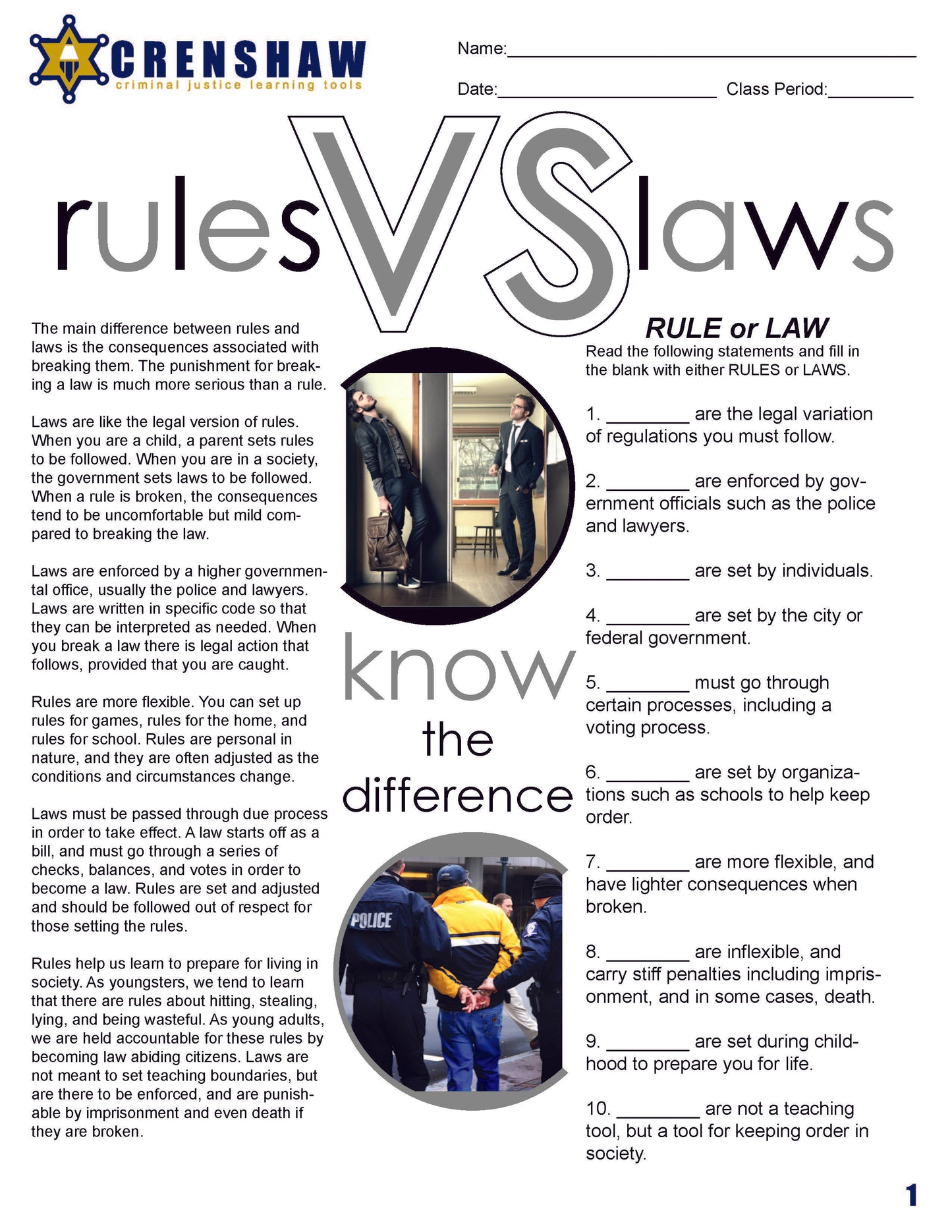 Rules vs Laws - Criminal Justice Worksheet and Answer Key