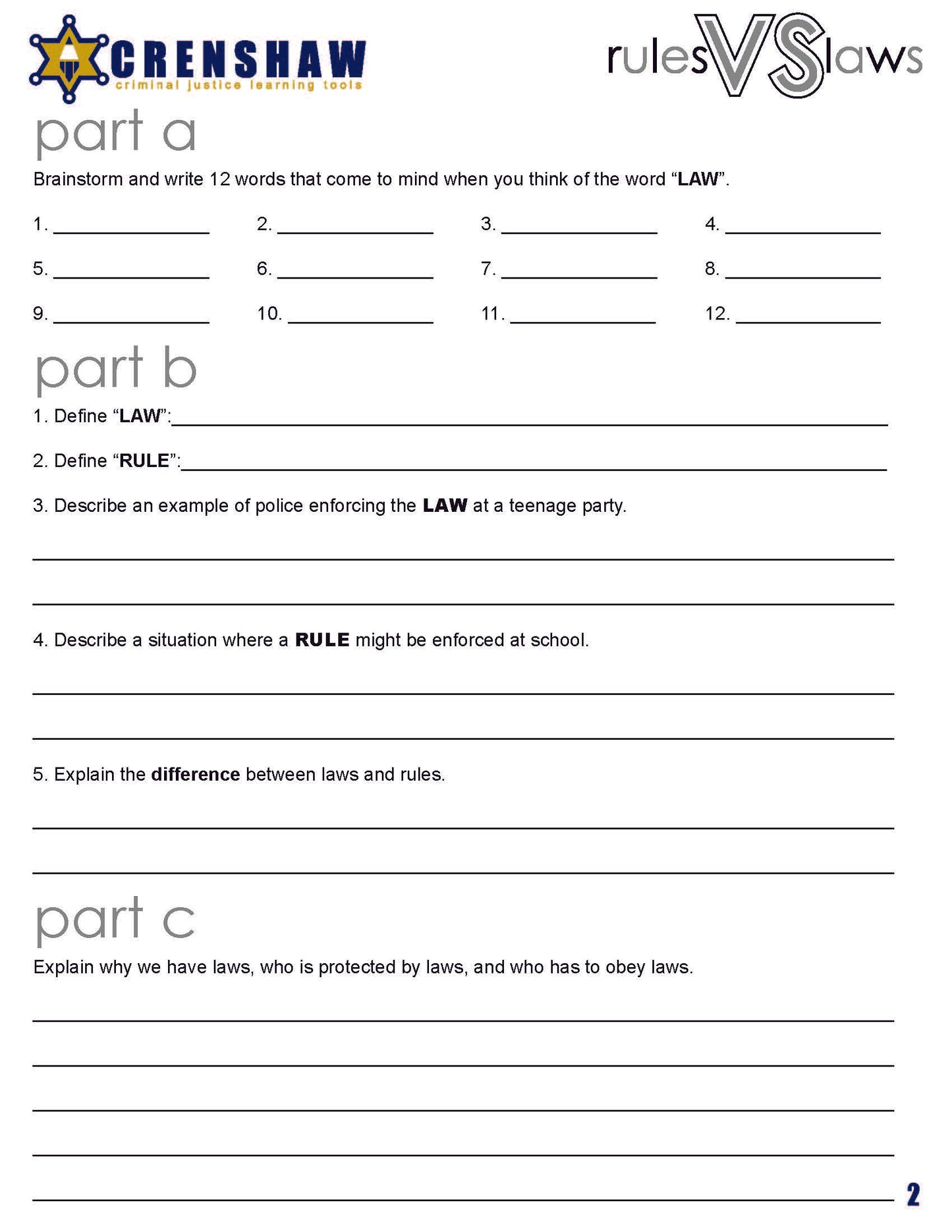 Rules vs Laws - Criminal Justice Worksheet and Answer Key