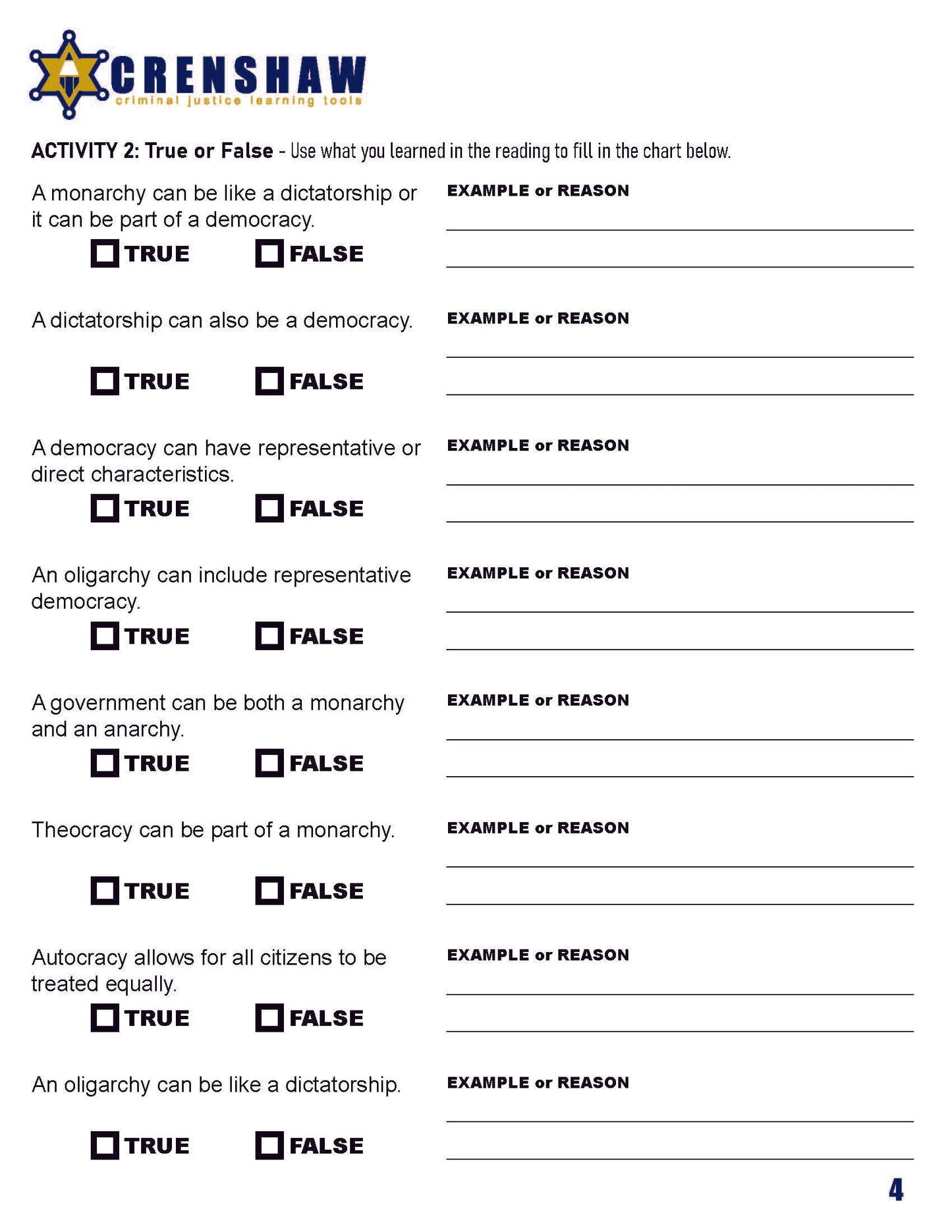 Who's Running the Government - Criminal Justice Worksheet and Answer Key